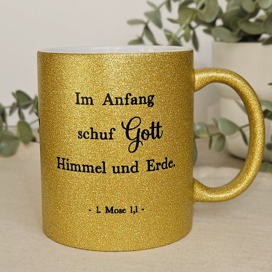 Erster und letzer Bibelvers - Glitzertasse