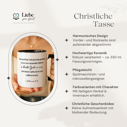 Tasse mit Bibelvers 1. Johannes 4,12