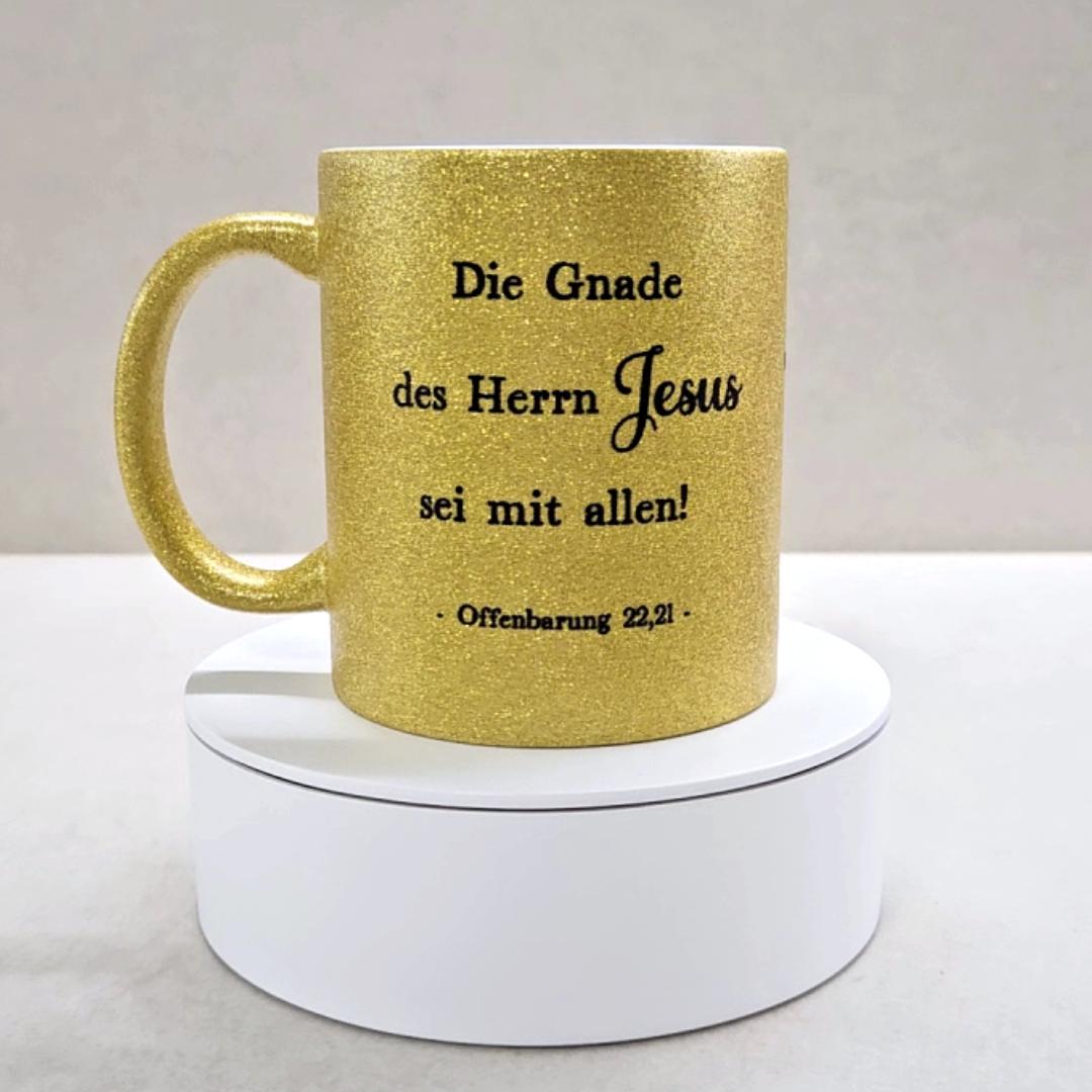 Erster und letzer Bibelvers - Glitzertasse
