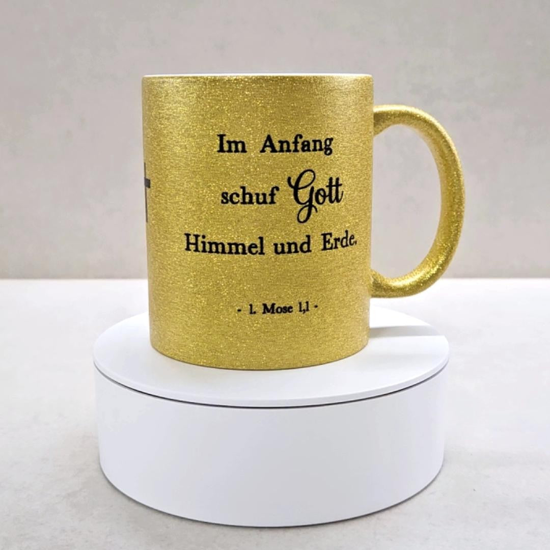 Erster und letzer Bibelvers - Glitzertasse