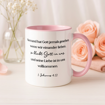 Tasse mit Bibelvers 1. Johannes 4,12