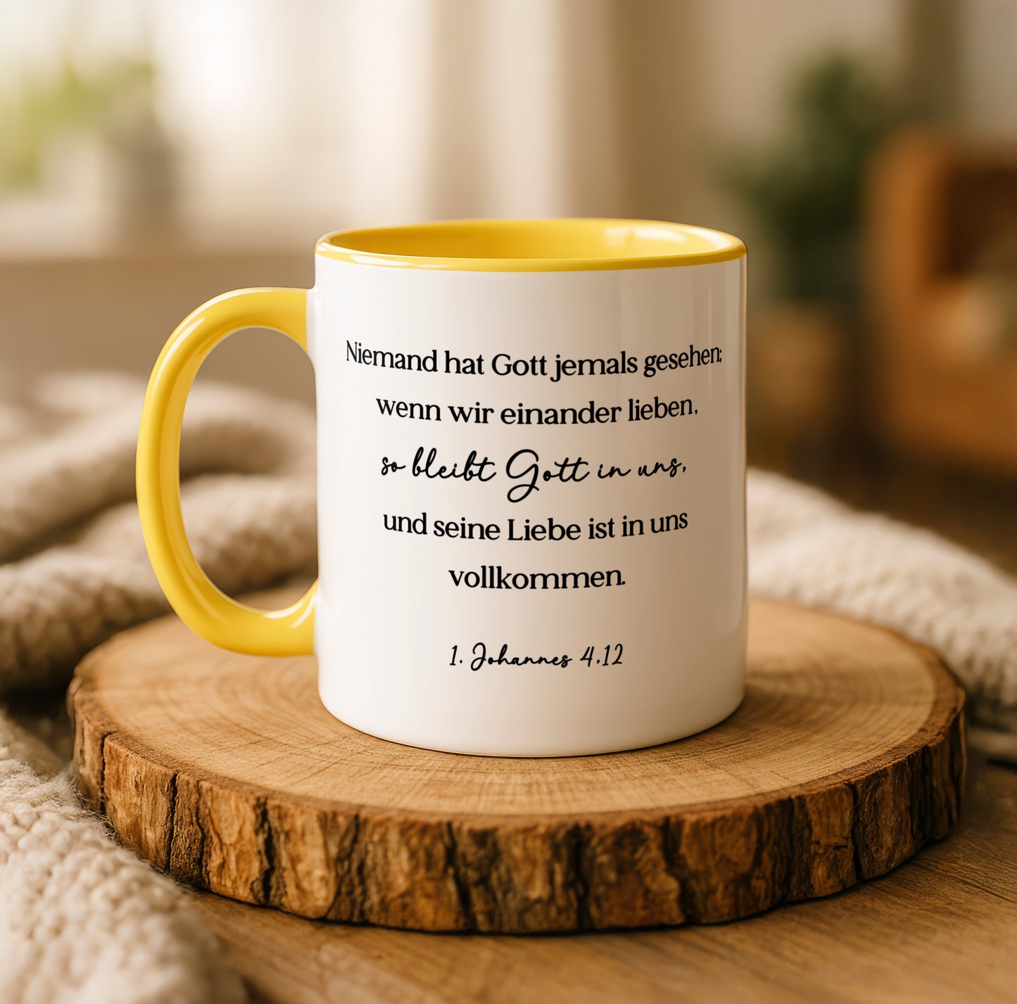 Tasse mit Bibelvers 1. Johannes 4,12